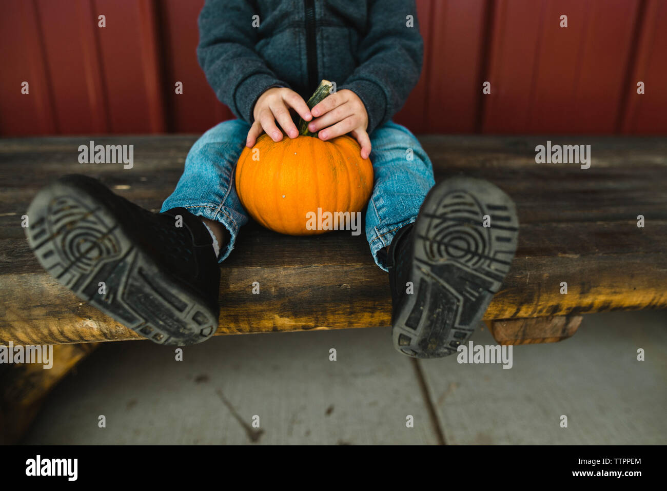 Low section of boy holding pumpkin while sitting on wooden bench Stock Photo