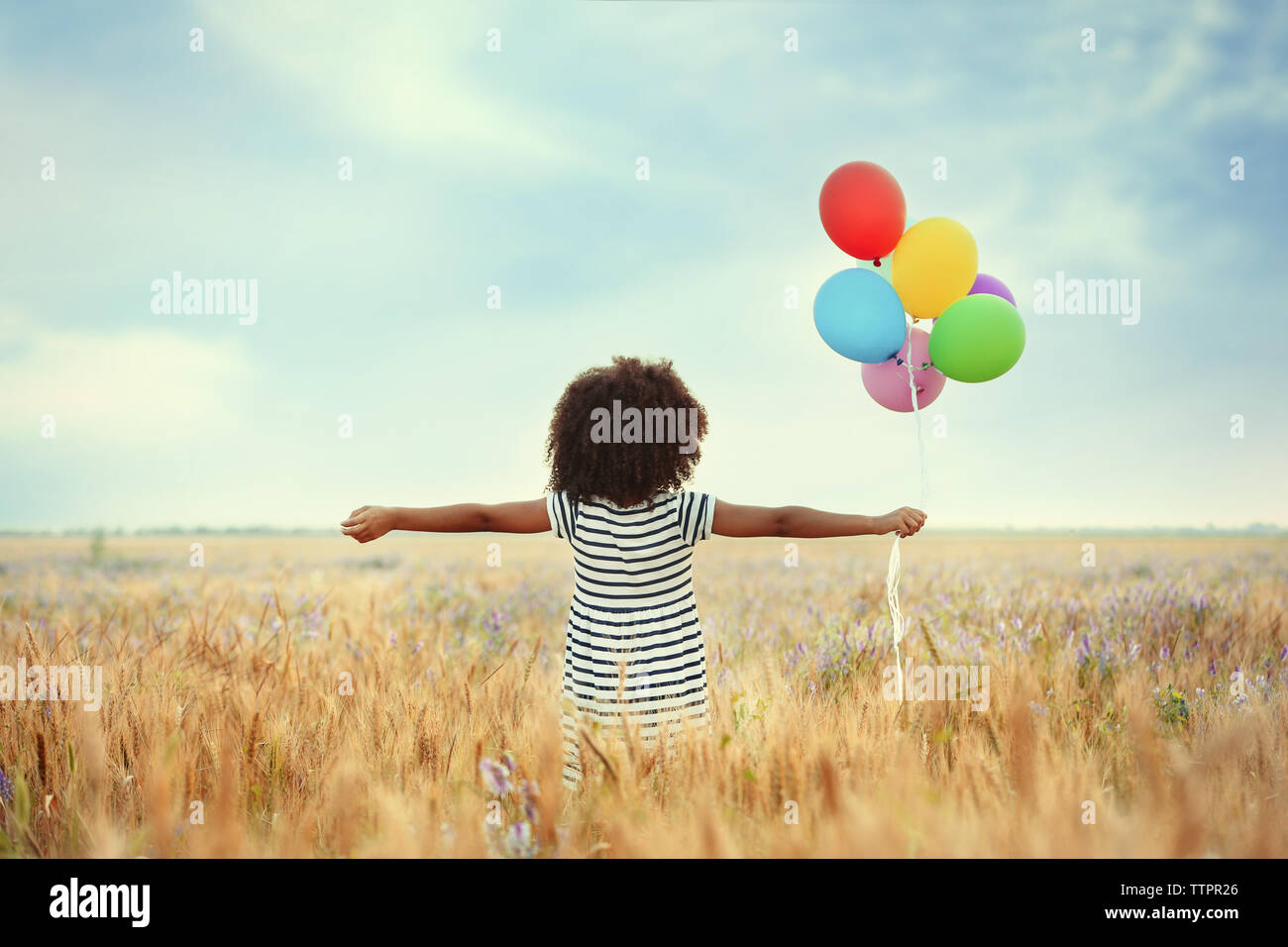 Little happy girl with balloons in the field Stock Photo - Alamy
