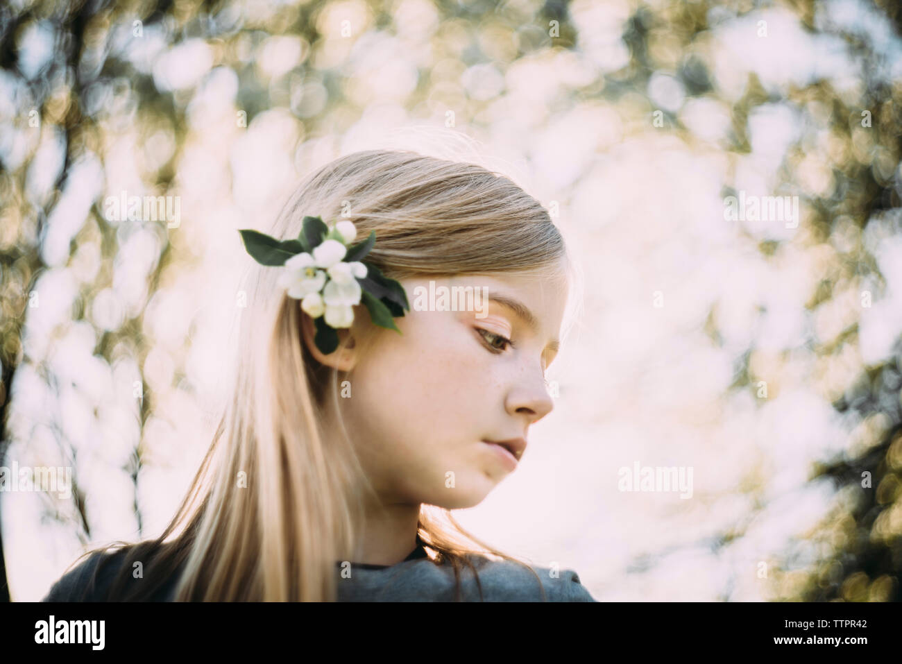 Low angle view of girl wearing flower while standing against sky Stock Photo