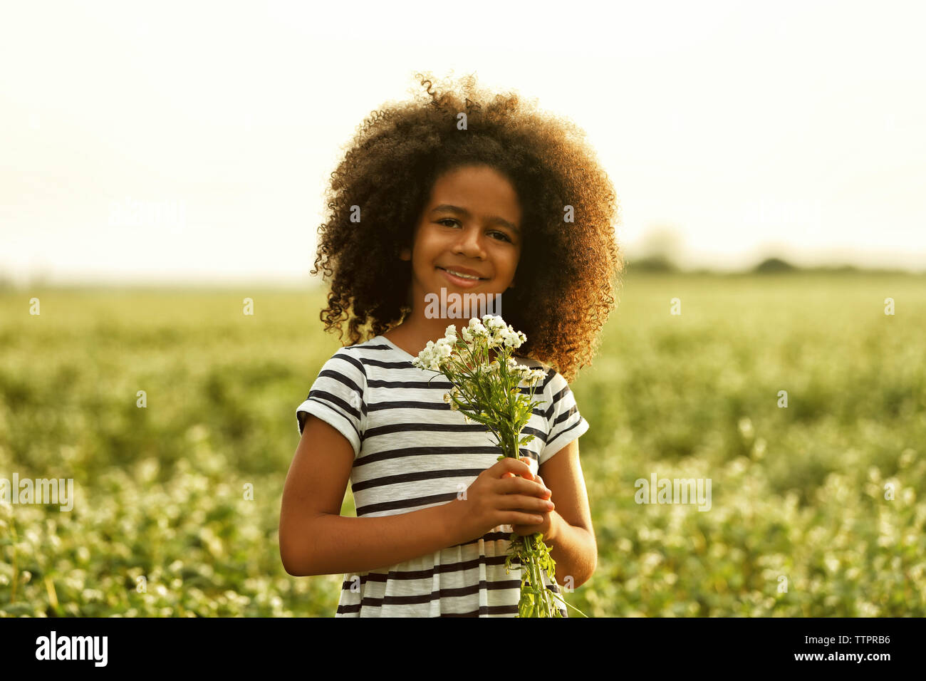 Happy little African American girl with flowers in the field Stock ...