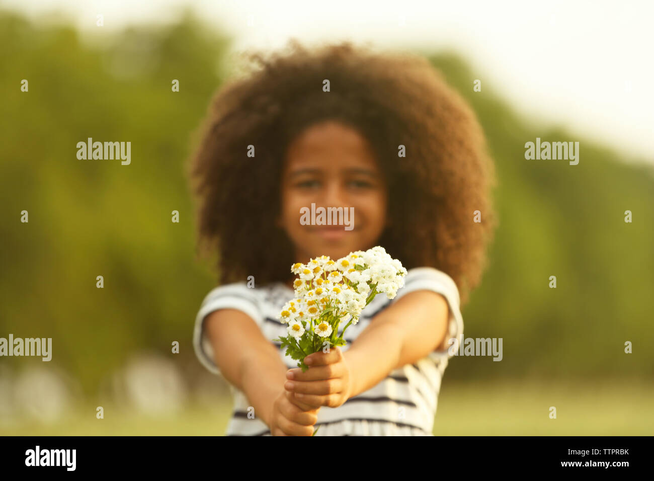 Happy little African American girl with flowers in the field Stock ...