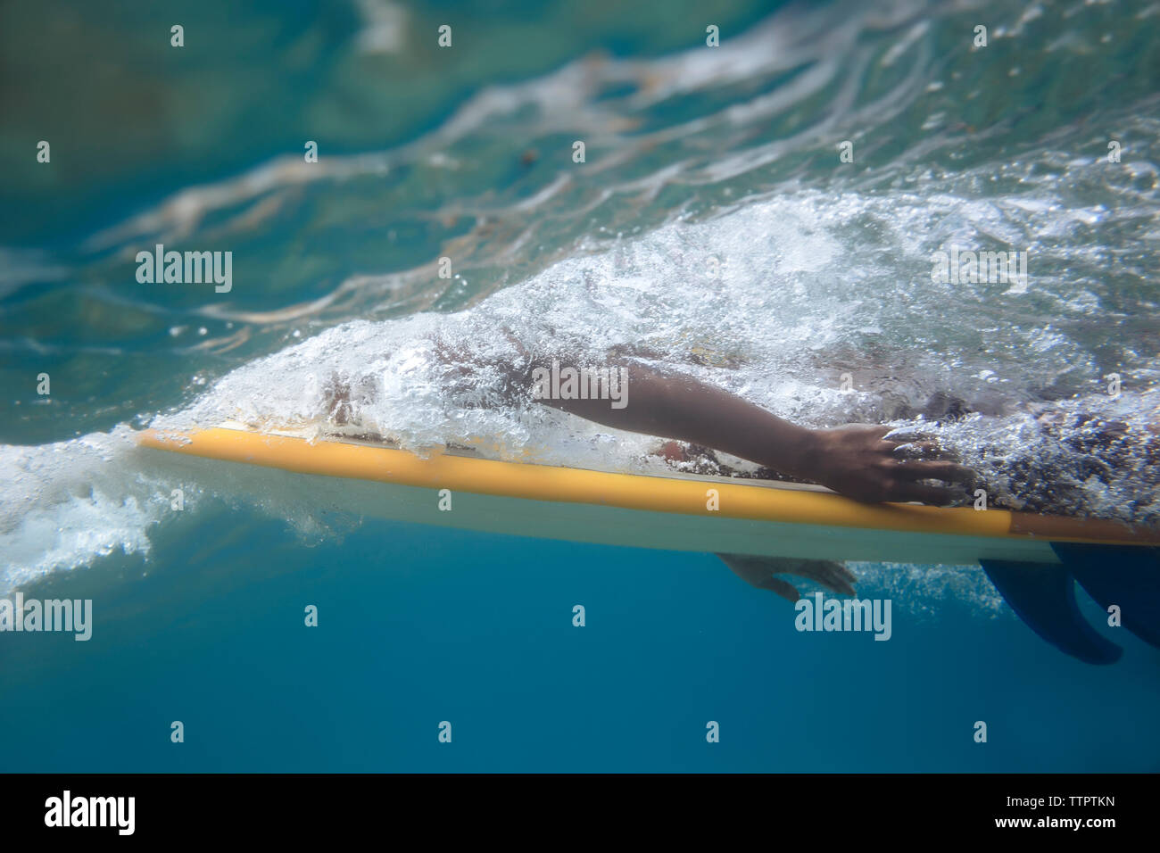 Cropped image of man surfing underwater in sea Stock Photo Alamy