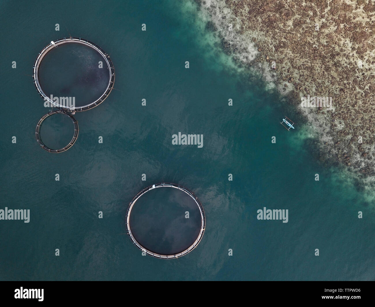 Aerial view of fishing farm enclosures Stock Photo