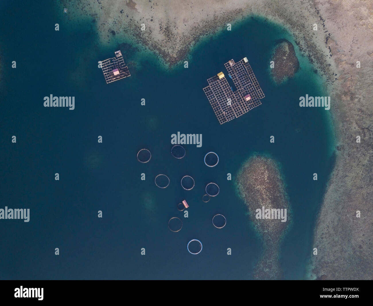 Aerial view of fishing farm enclosures Stock Photo