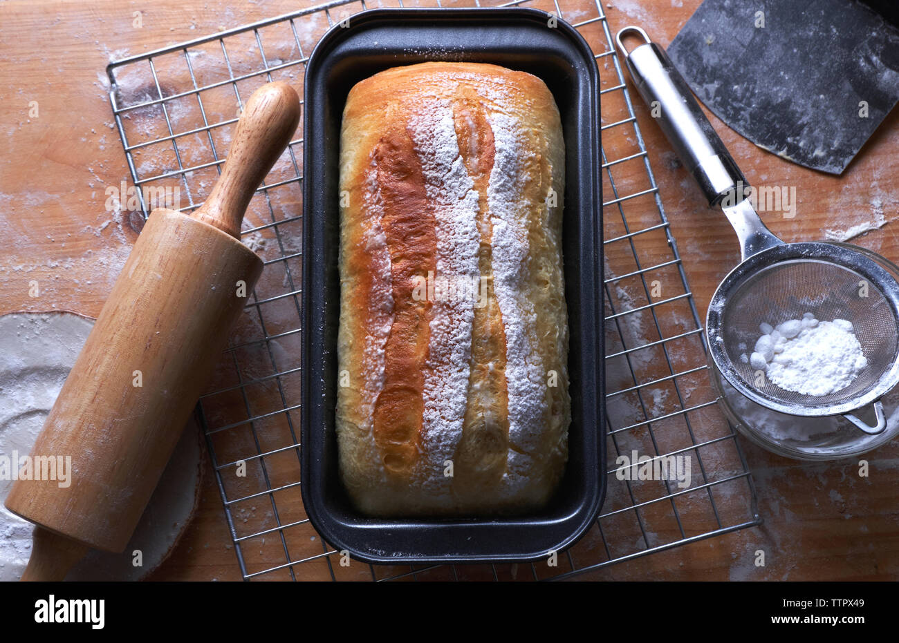 High angle view of bread on wooden table Stock Photo