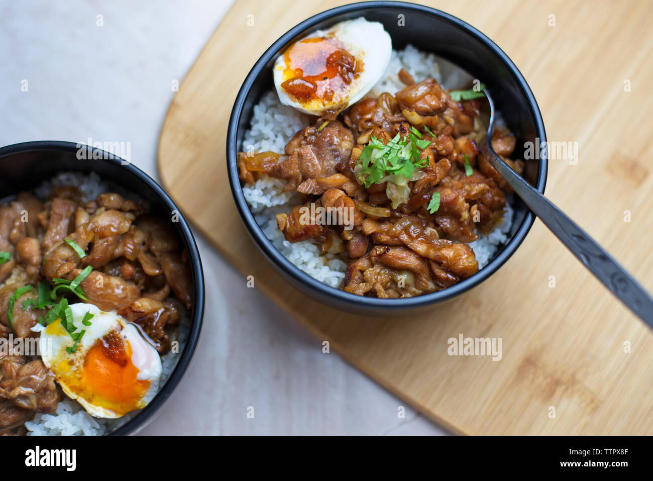 High angle view of meal served in bowls on table Stock Photo