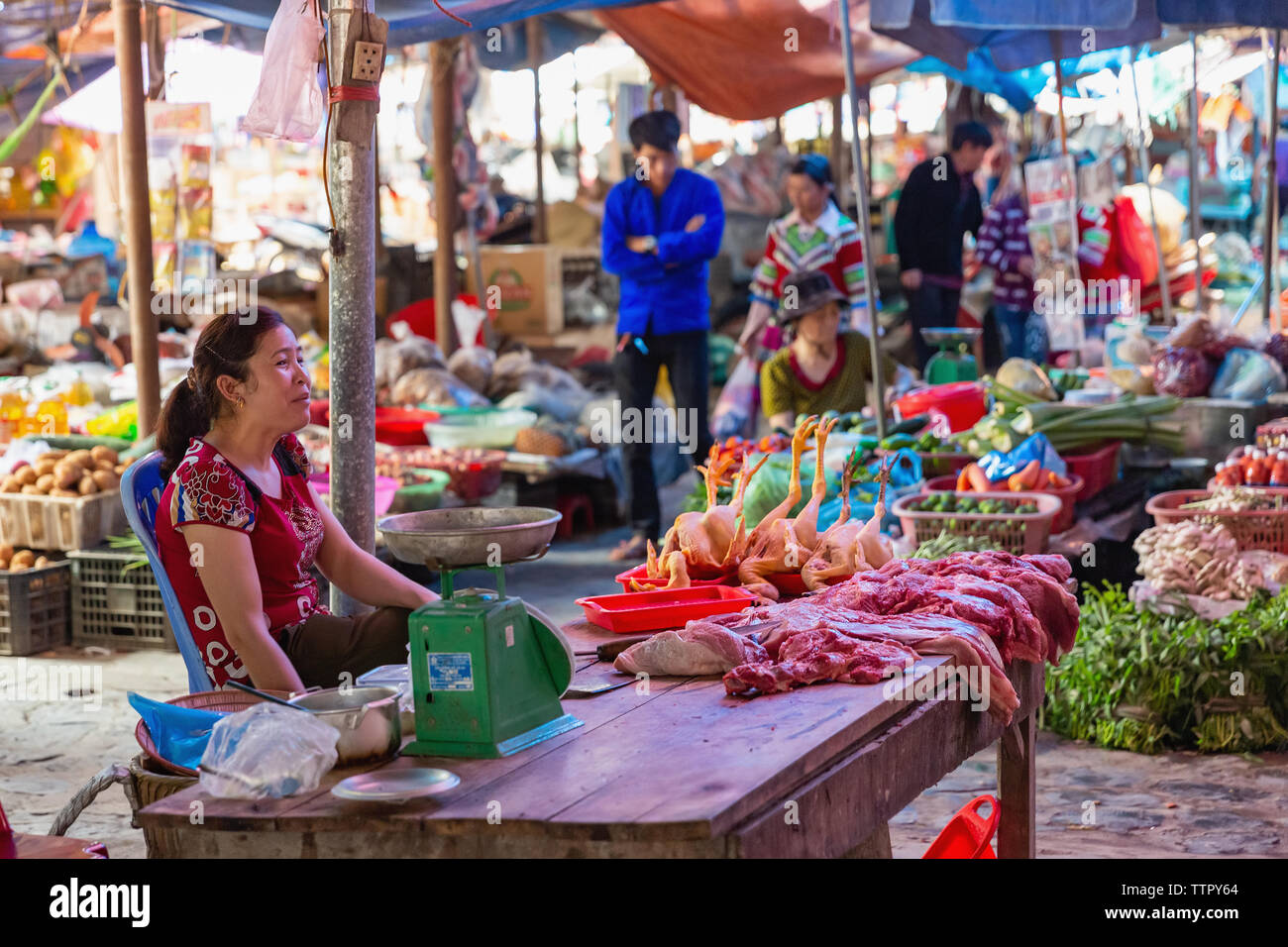 Woman selling raw meat at market, Bac Ha, Lao Cai Province, Vietnam
