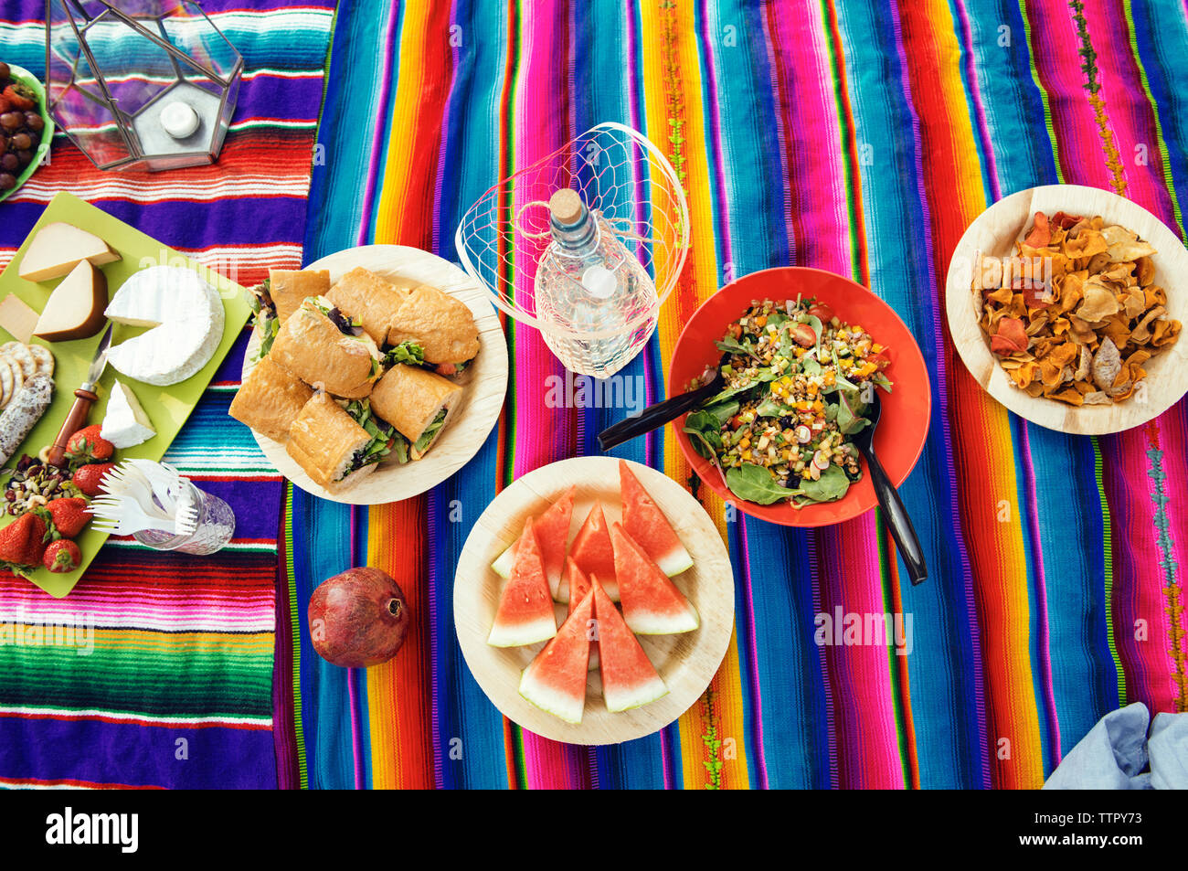 High angle view of food served on picnic blanket Stock Photo