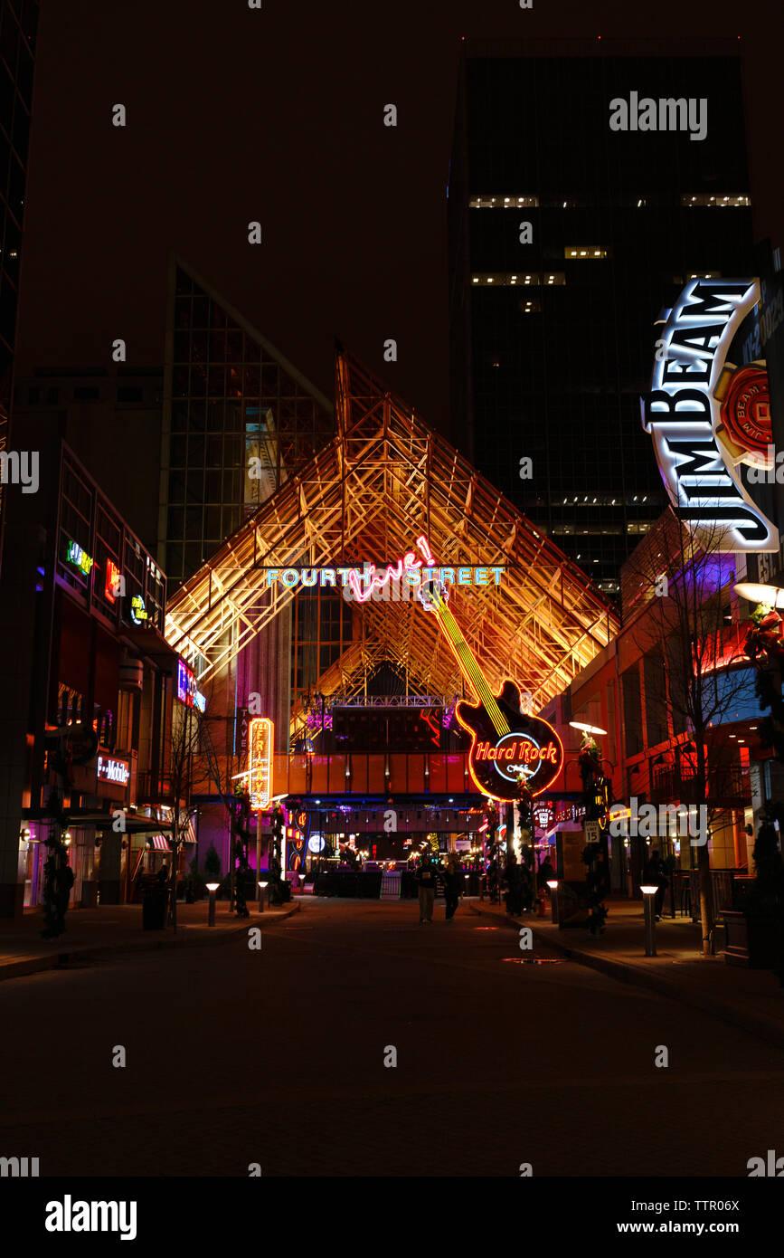Fourth Street Live! at night, a downtown Louisville, Kentucky dining and entertainment destination with restaurants, bars, nightlife and sports venues. Stock Photo
