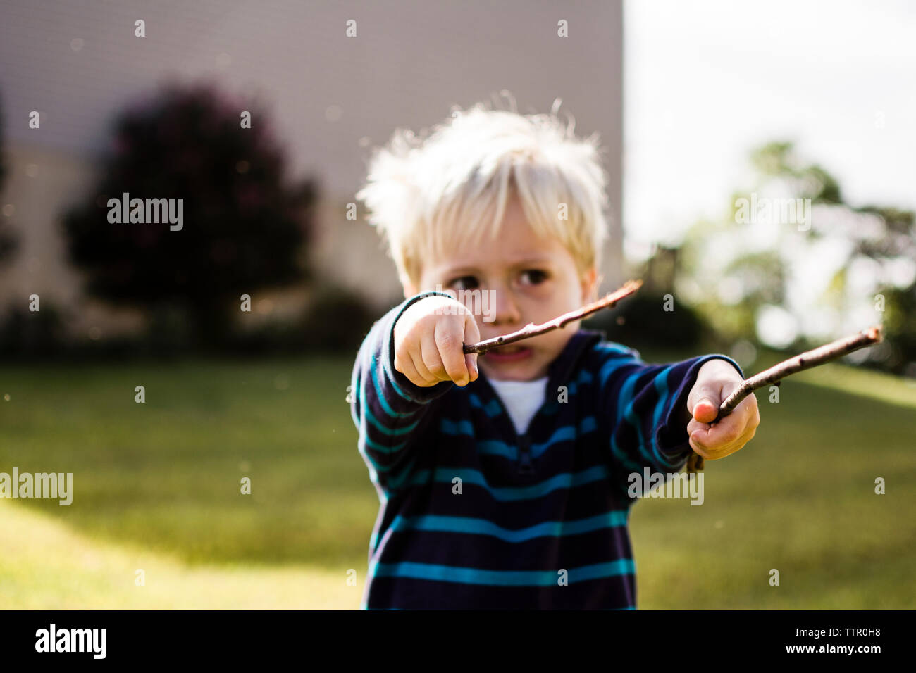 Boy playing with sticks in backyard Stock Photo