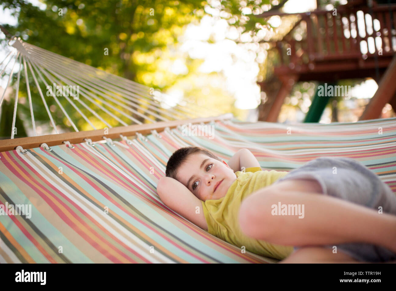 Thoughtful boy with hands behind head lying in hammock at park Stock Photo