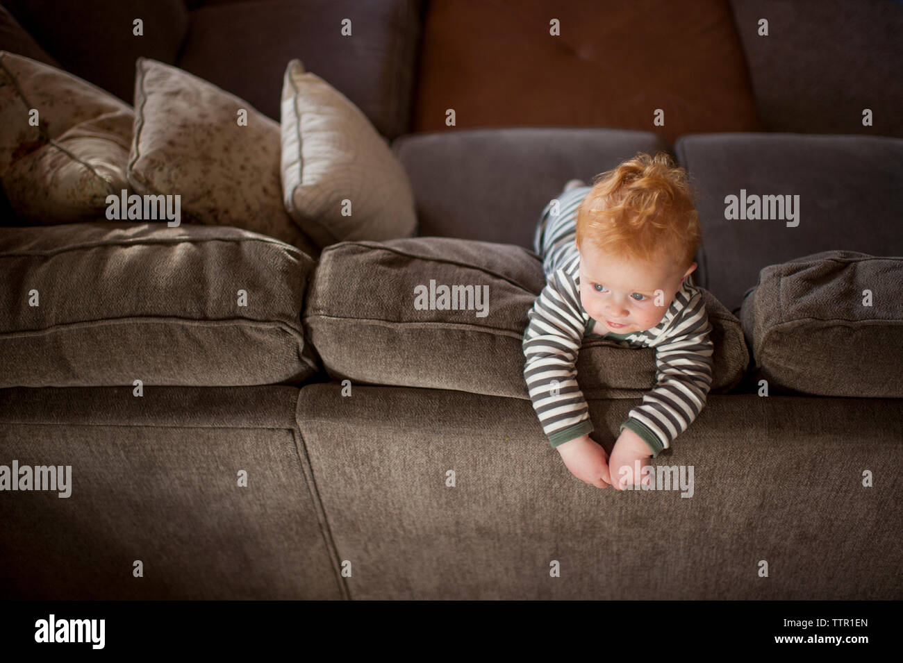 High angle view of cute baby boy looking away while standing on sofa at home Stock Photo