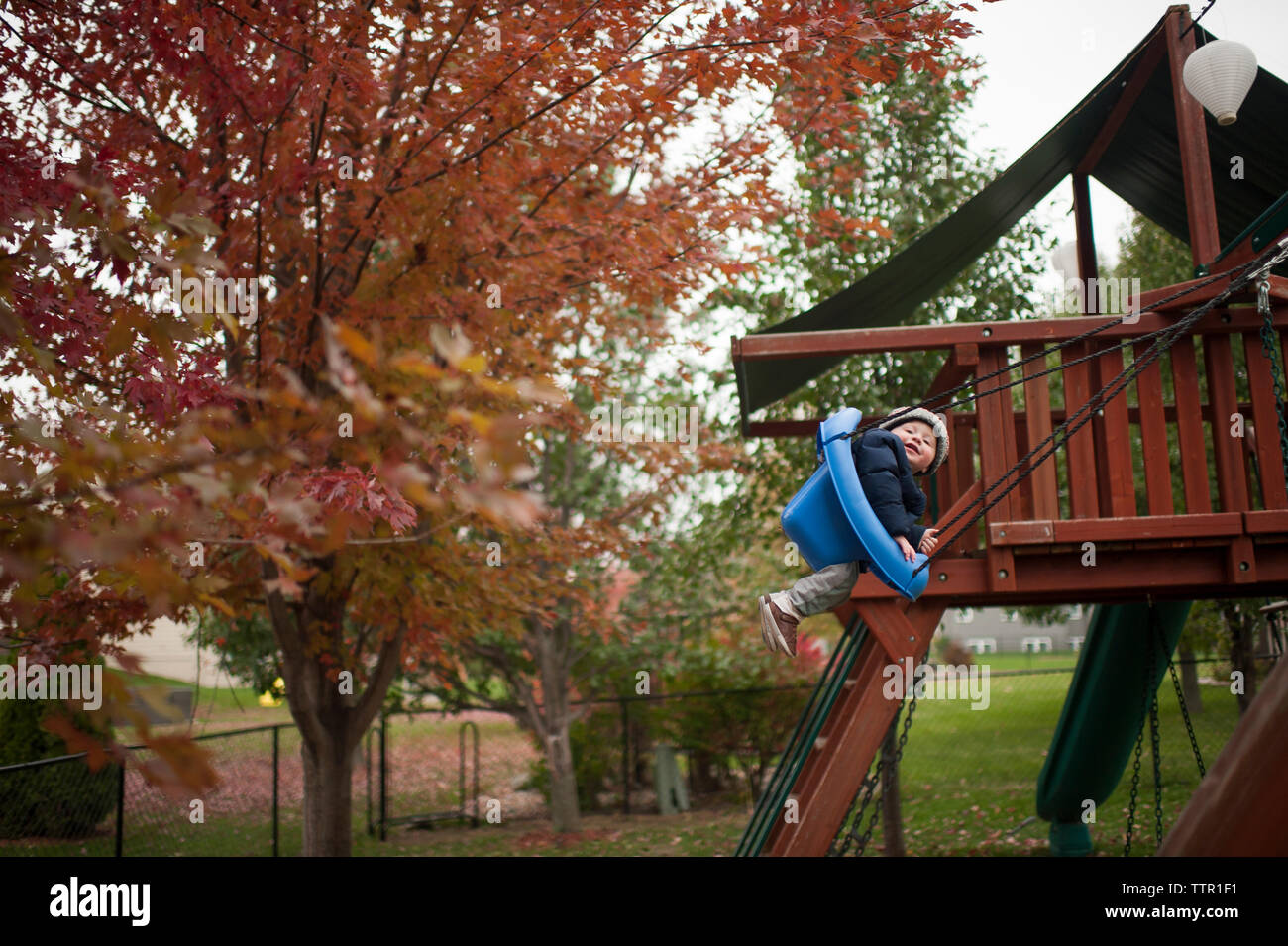 Full length of baby boy swinging on swing at park Stock Photo Alamy