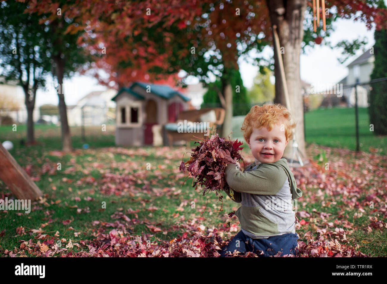 Happy toddler boy playing in backyard about to throw leaves Stock Photo