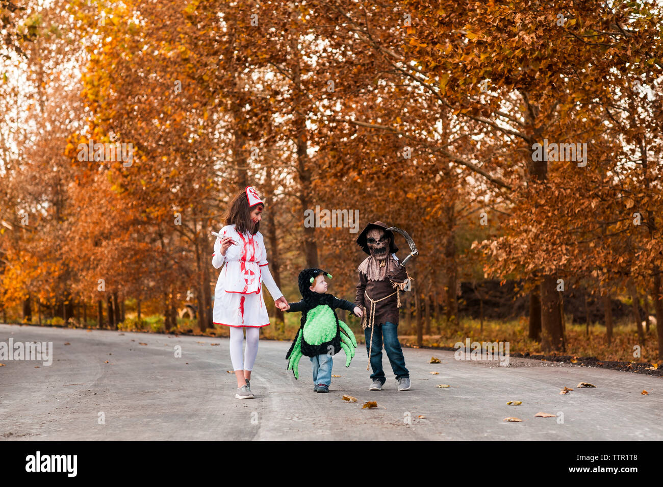Siblings dressed up in their halloween costumes walking on fall trail Stock Photo