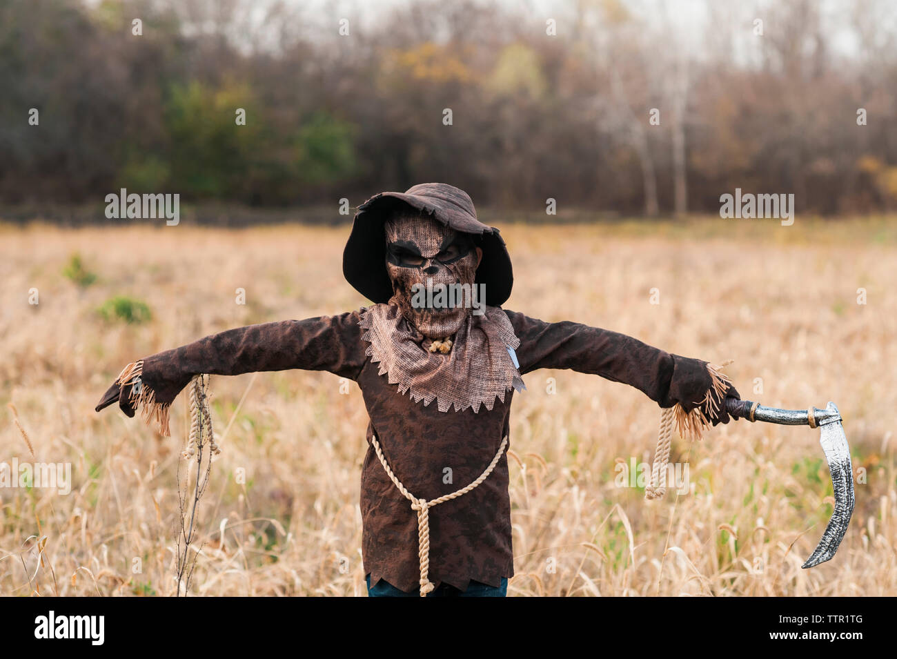 Boy dressed in spooky scarecrow halloween costume stands in field Stock Photo