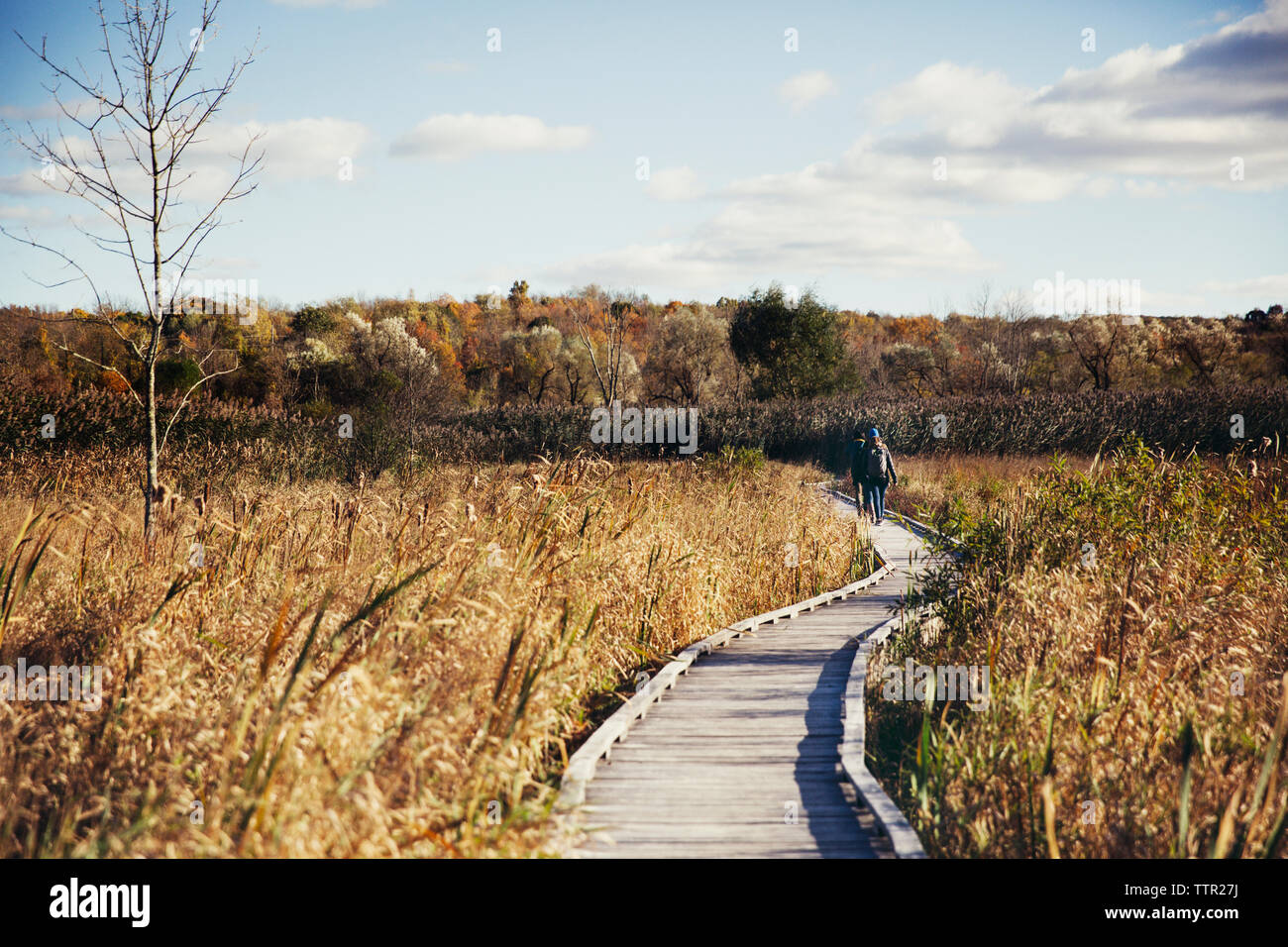 Mid distance of hikers walking on boardwalk amidst field against sky Stock Photo