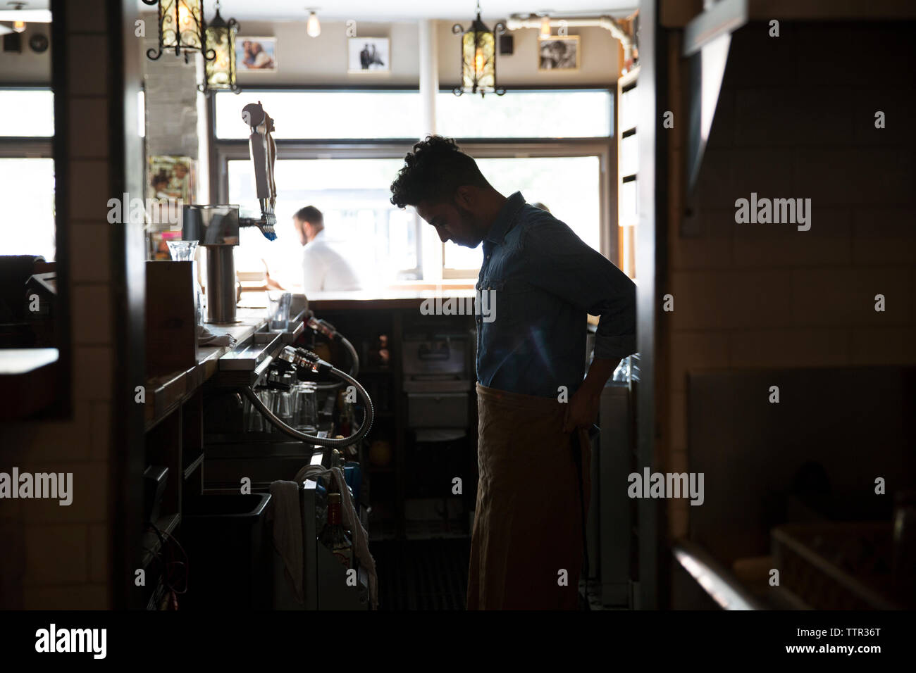 Side view of owner wearing apron while standing at bar counter in cafe Stock Photo Alamy