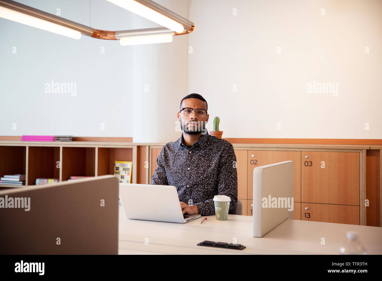 Portrait of businessman using laptop computer at table in office Stock Photo