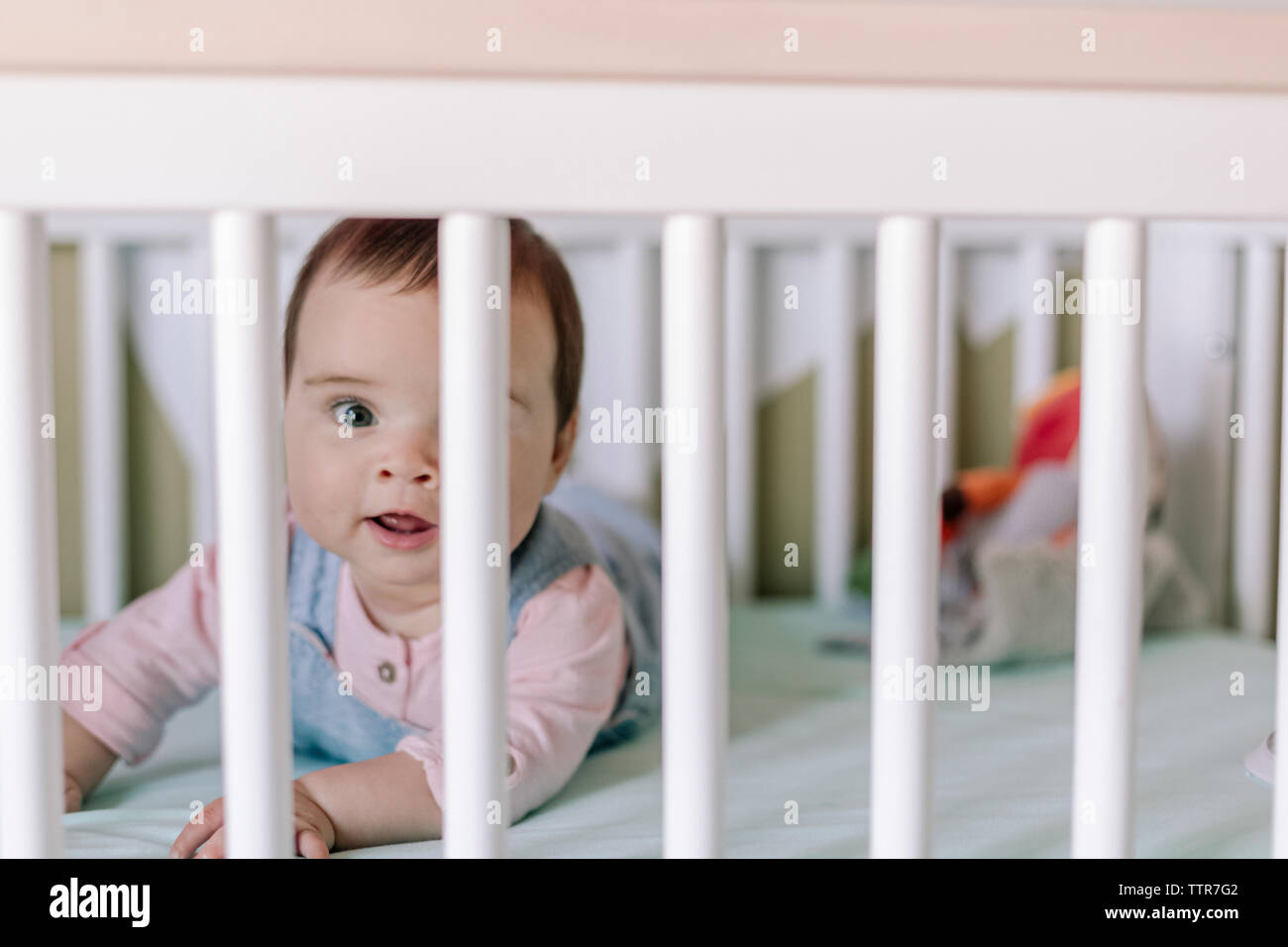 Portrait of baby behind crib railing Stock Photo Alamy