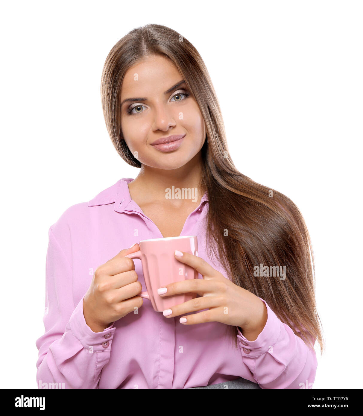Beautiful young woman with cup of coffee on white background Stock ...