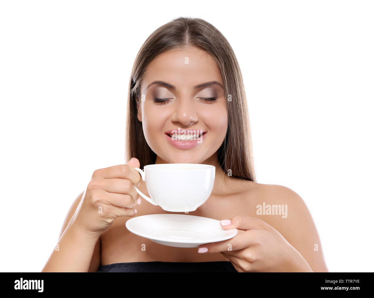 Beautiful young woman with cup of coffee on white background Stock ...