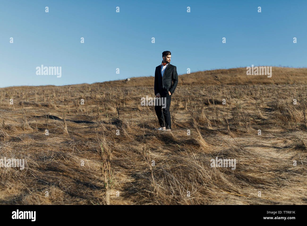 Young fashion investor man exploring a field against blue sky Stock Photo