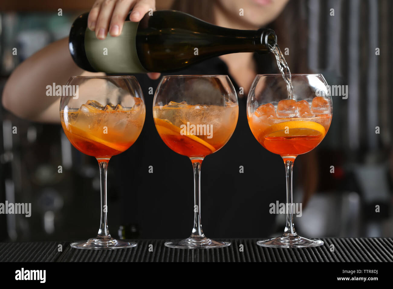 Woman hands making cocktail on bar counter Stock Photo Alamy