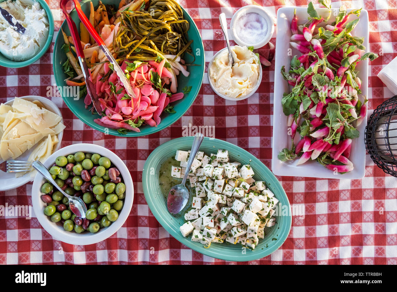 Overhead view of Antipasto served on table Stock Photo