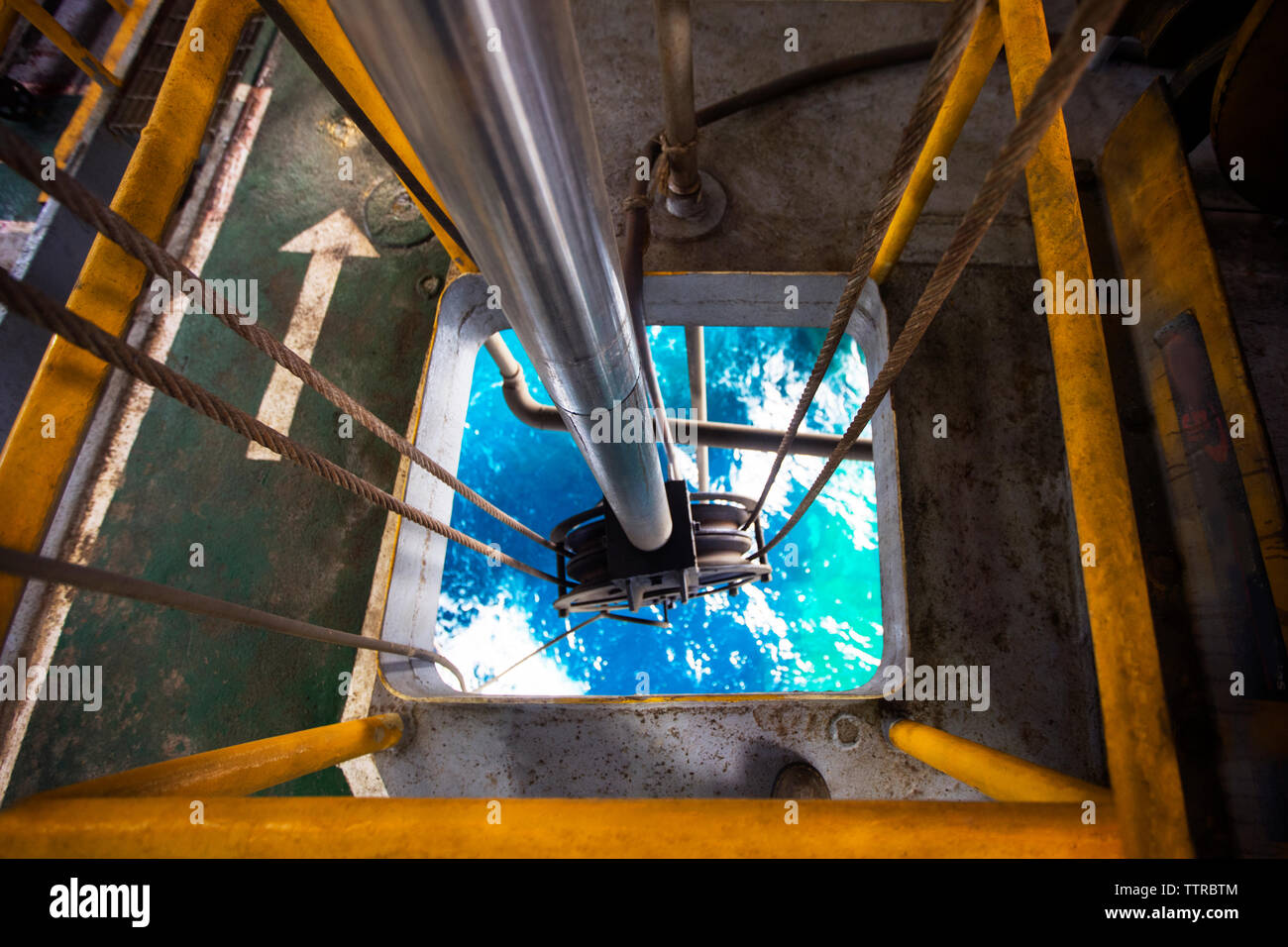 High angle view of cable winch in oil rig Stock Photo