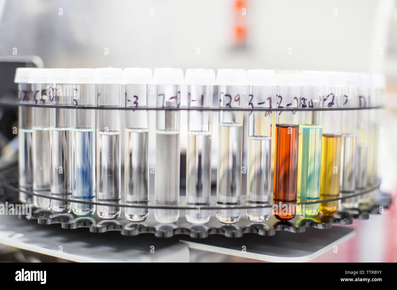 Close-up of test tube rack in laboratory Stock Photo