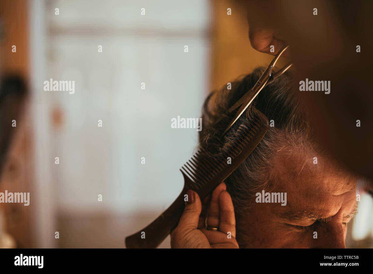 Cropped image of barber cutting male customer's hair Stock Photo