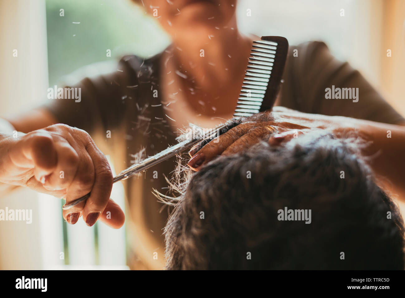 Midsection of female barber cutting male customer's hair Stock Photo