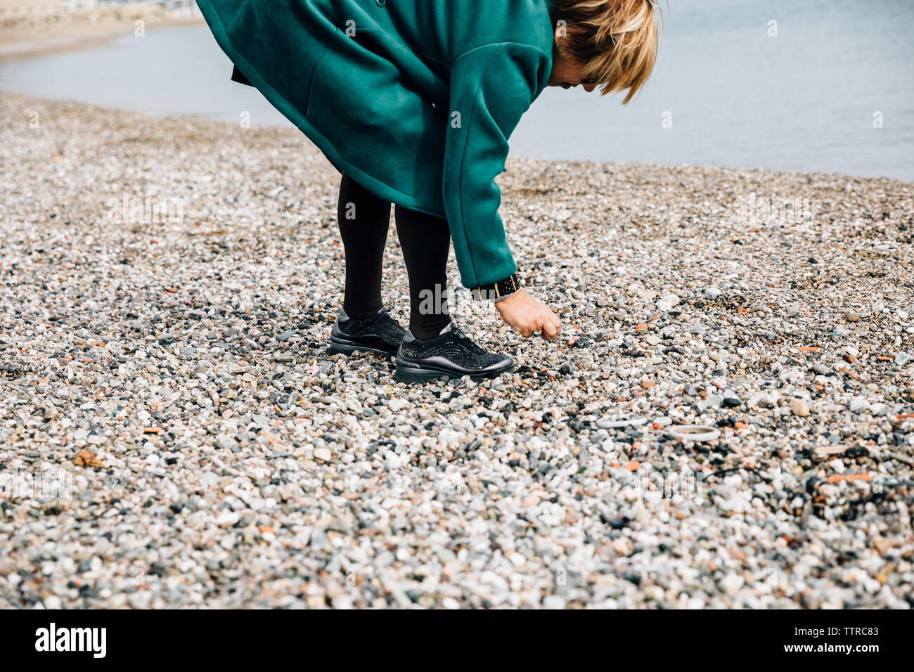 Side view of an senior woman picking rocks by the sea Stock Photo - Alamy