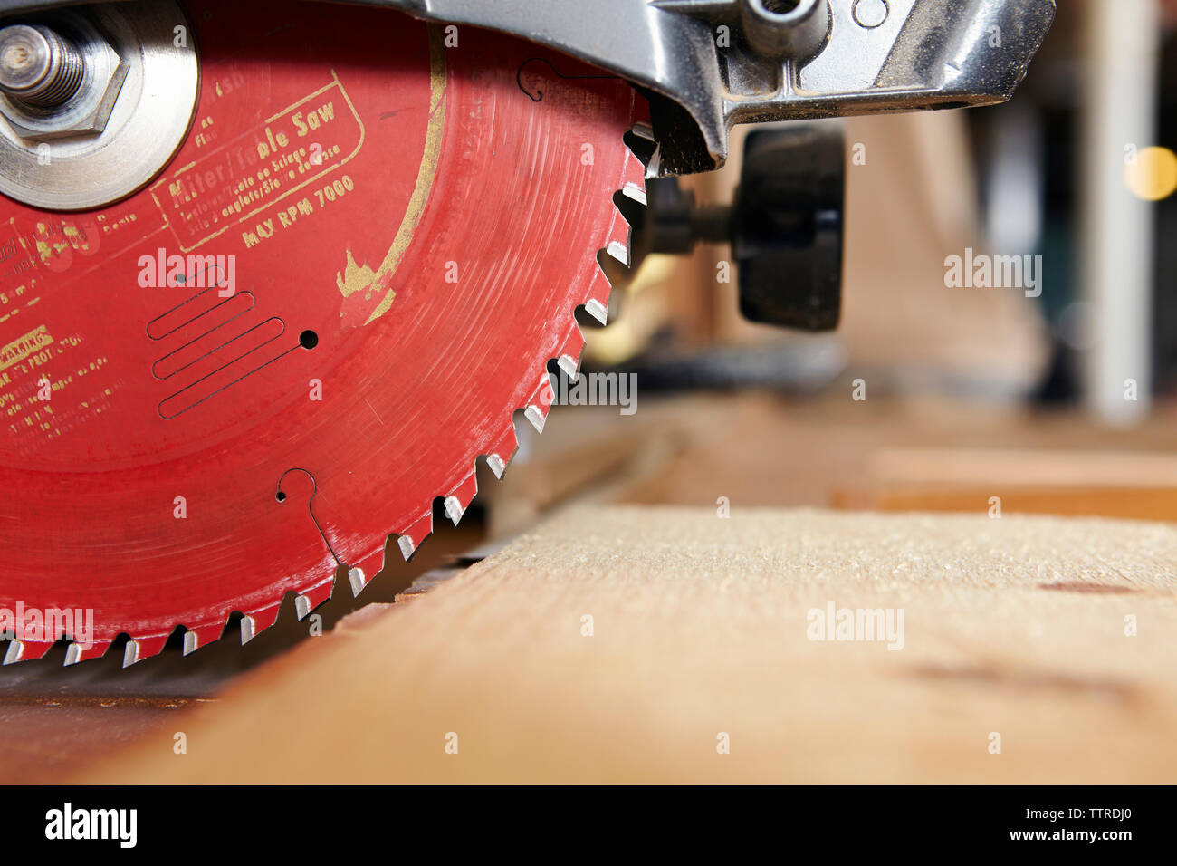 Circular saw on table in workshop Stock Photo