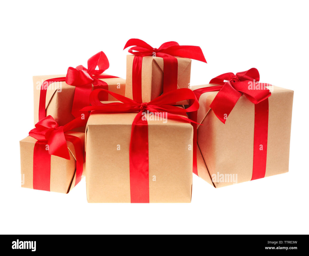 Gift boxes with red ribbon isolated on white Stock Photo - Alamy