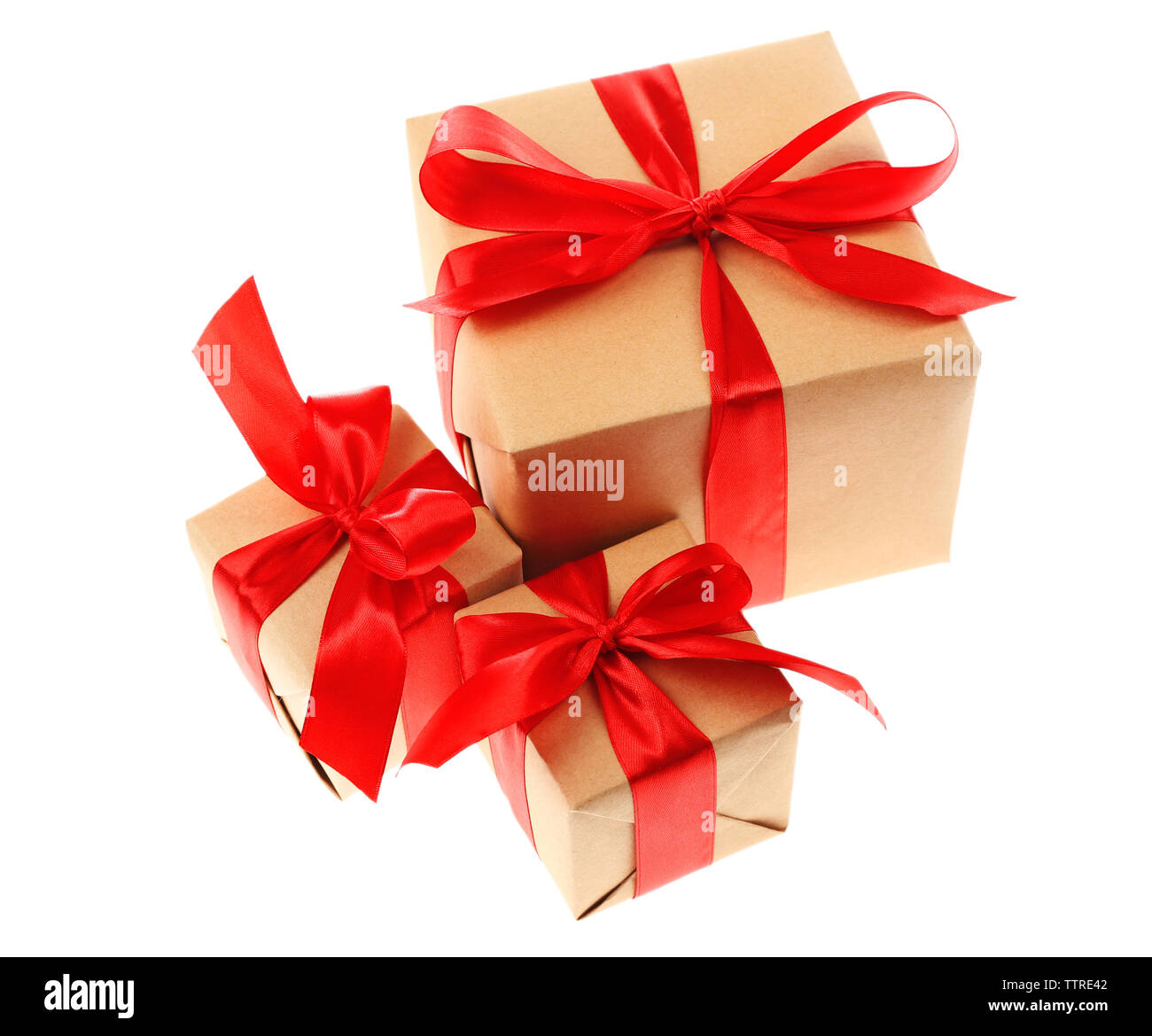 Gift boxes with red ribbon isolated on white Stock Photo - Alamy