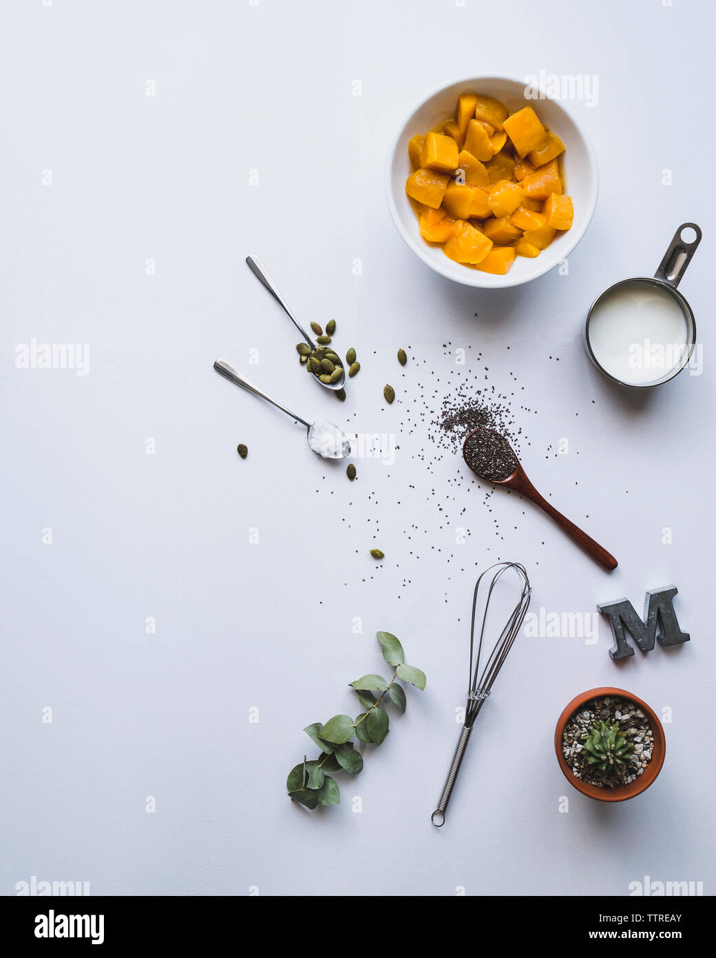 Overhead shot of ingredients over white background Stock Photo