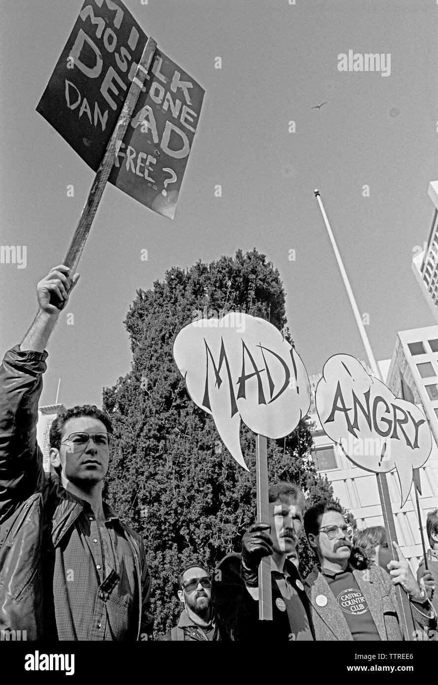 angry, mad, protest of the Dan White sentence for the assassination of Gay Supervisor Harvey Milk and Mayor George Moscone in San Francisco, California, 1970s Stock Photo