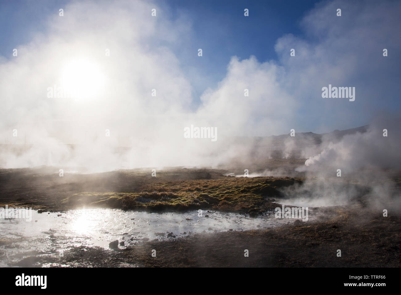 Steam coming out from geyser on sunny day Stock Photo