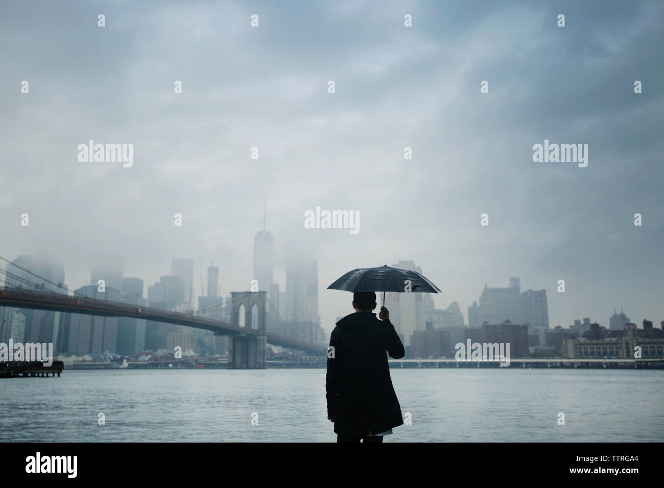 Rear view of man holding umbrella while looking at city view against cloudy sky Stock Photo