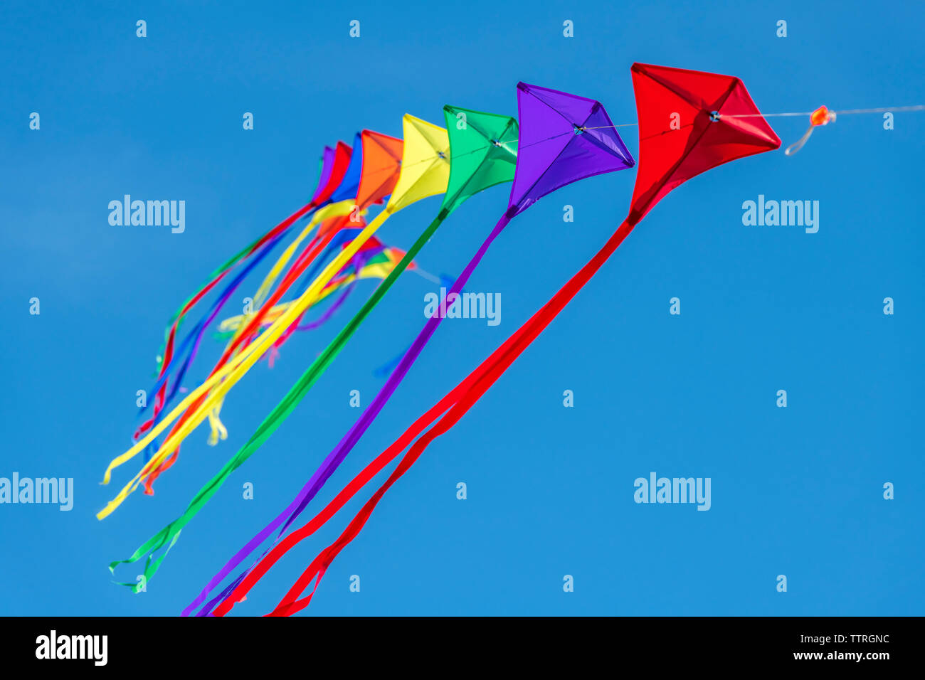 A row of colourful kites on a single line against a clear blue sky. Stock Photo