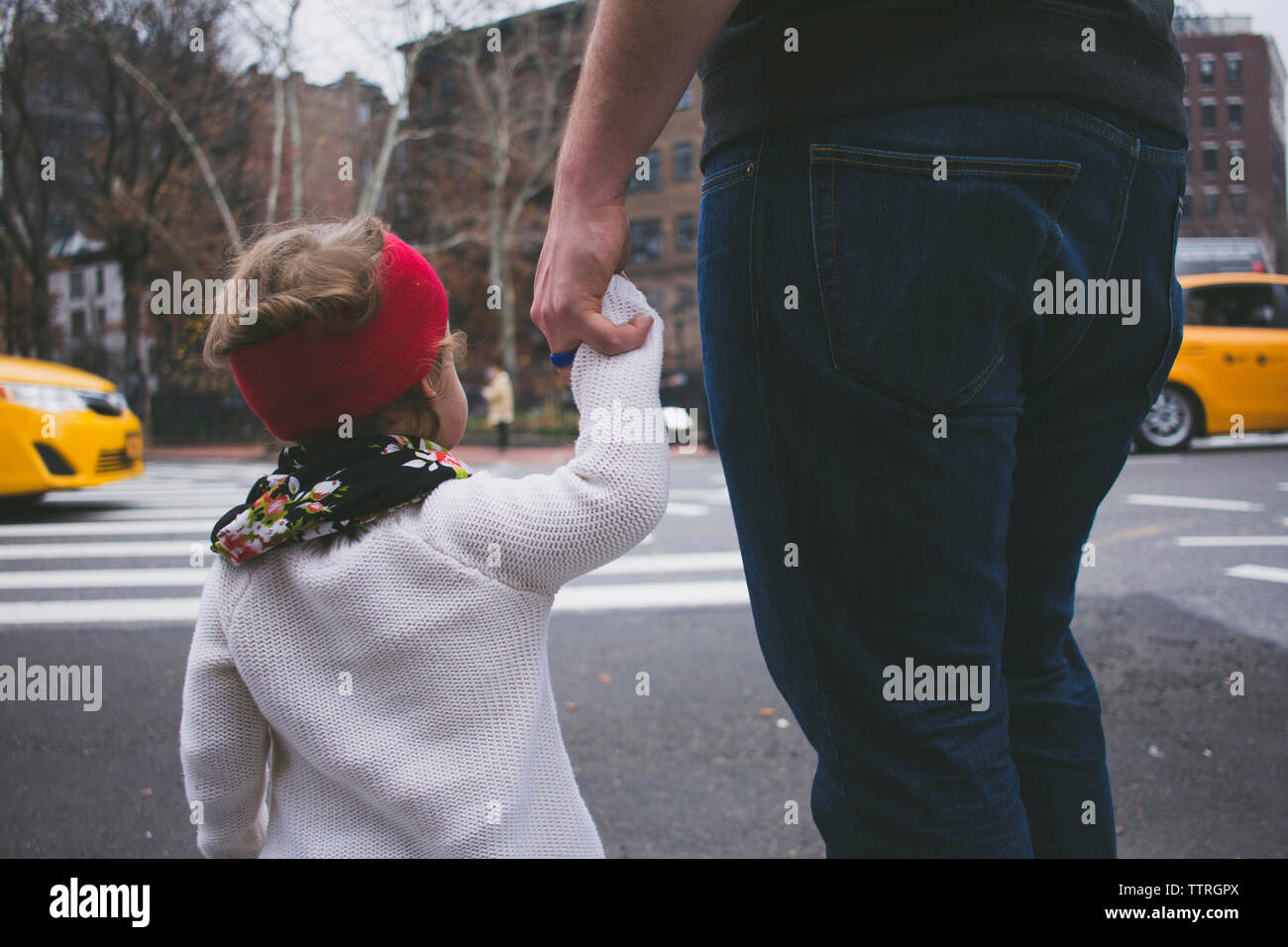 Father and daughter holding hands while crossing road Stock Photo - Alamy