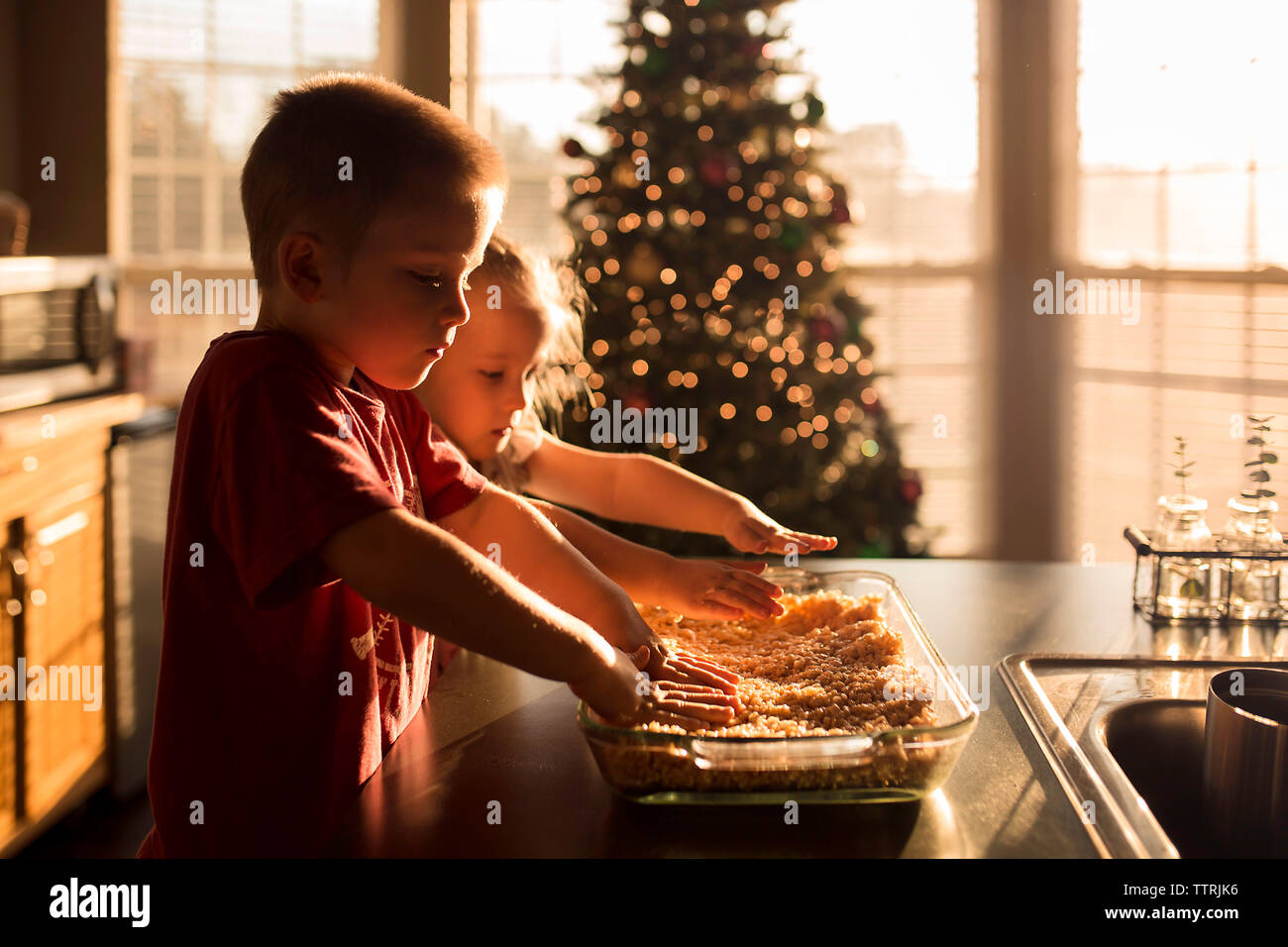 Siblings preparing food against christmas Tree at home Stock Photo