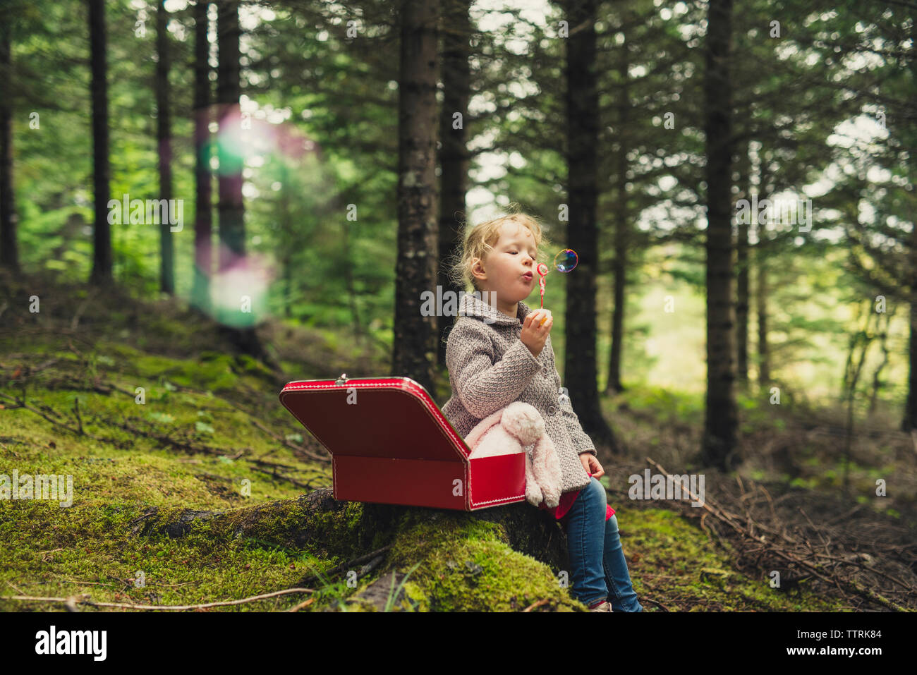 Girl blowing bubbles while sitting at forest Stock Photo