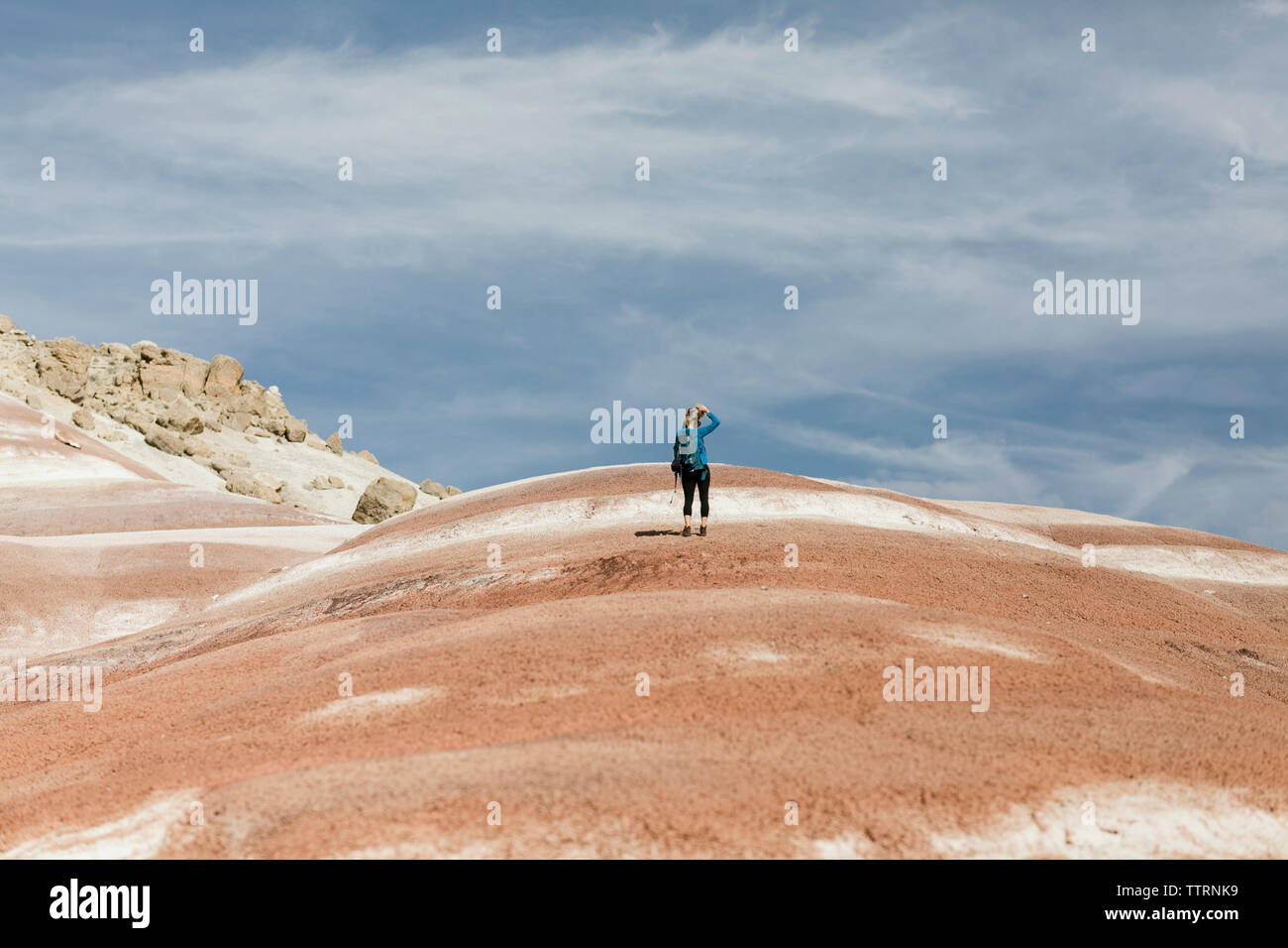 Rear view of female hiker standing on landscape Stock Photo - Alamy