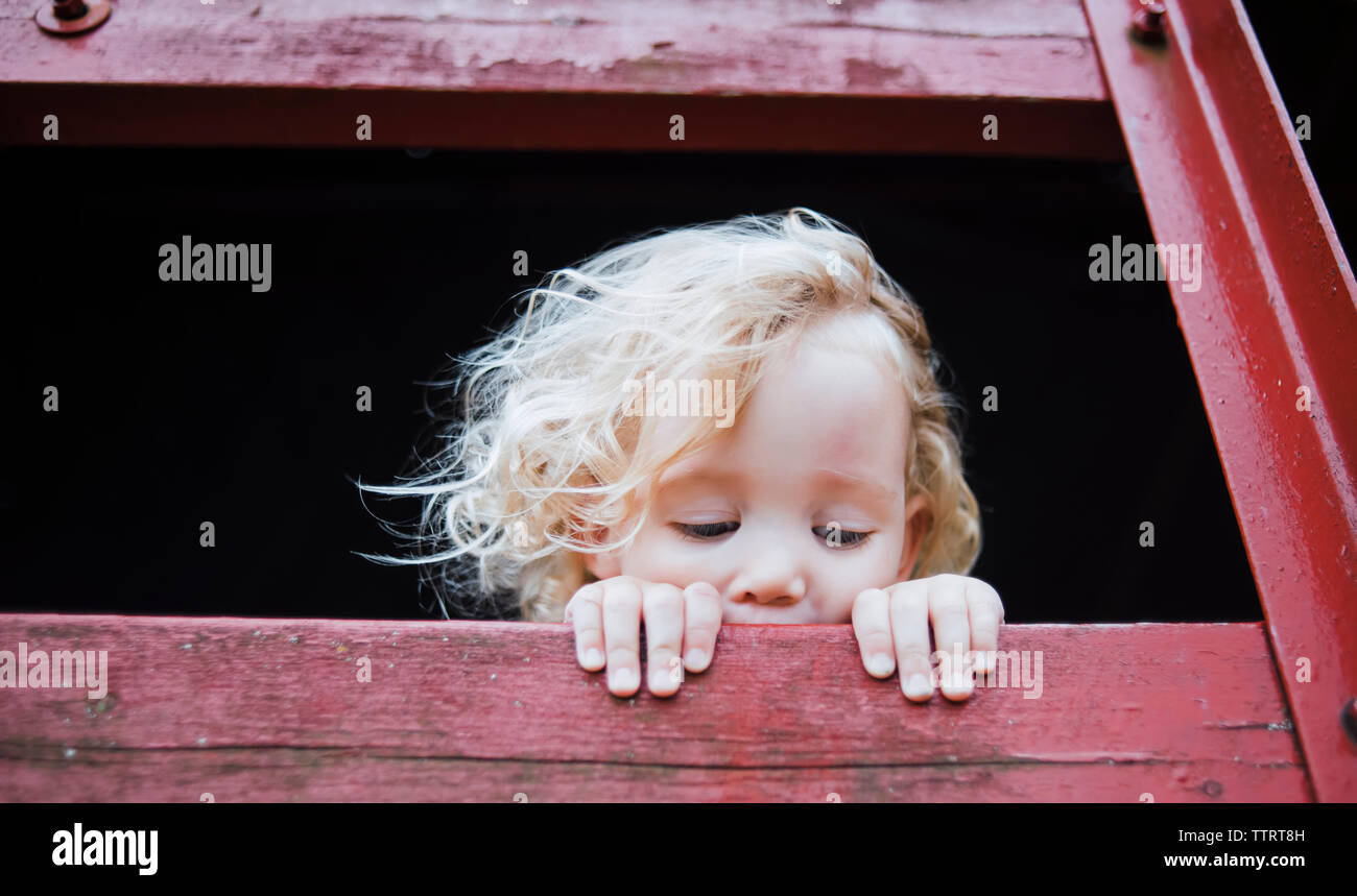 Cute girl looking away from tree house Stock Photo