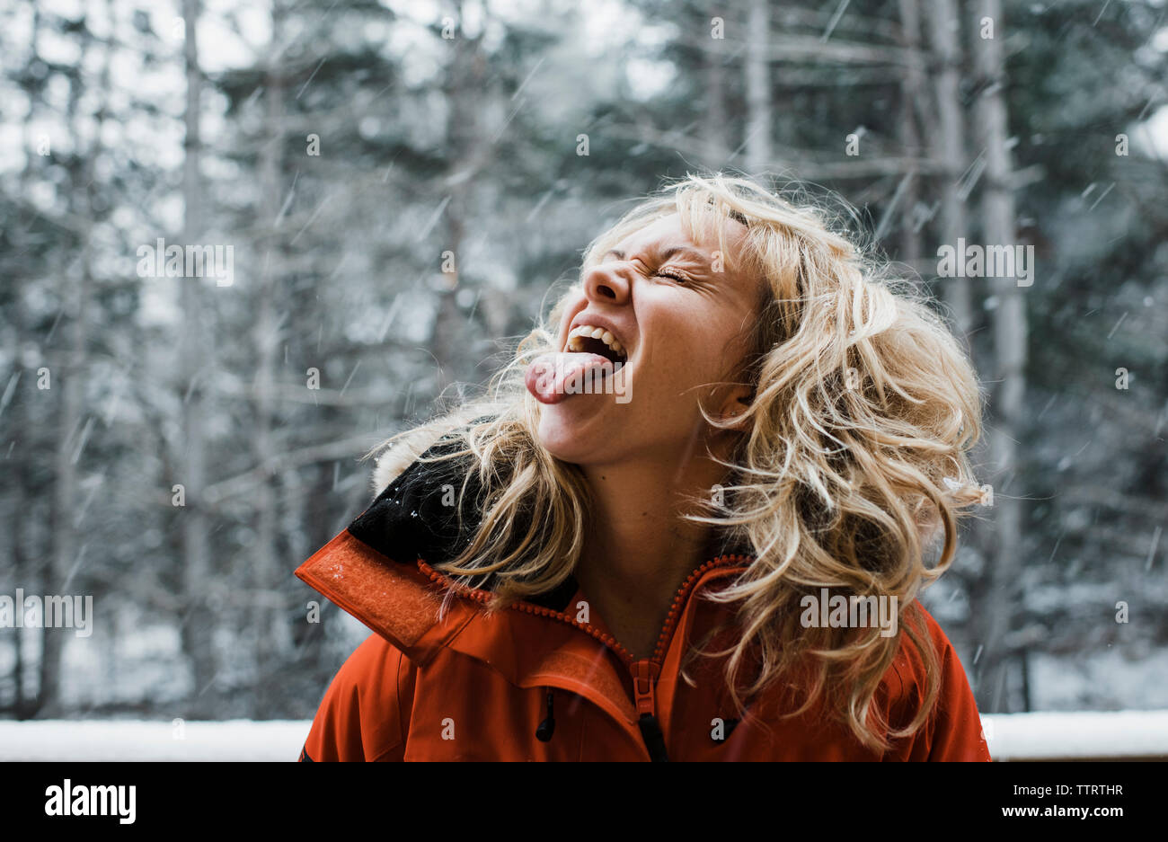 Woman with eyes closed sticking out tongue while standing in forest during snowfall Stock Photo
