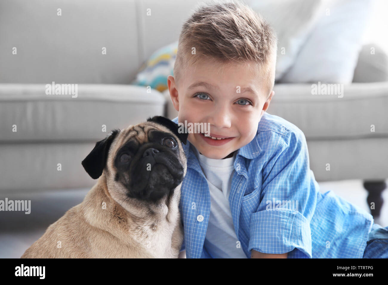 Cute boy with pug dog on floor Stock Photo - Alamy