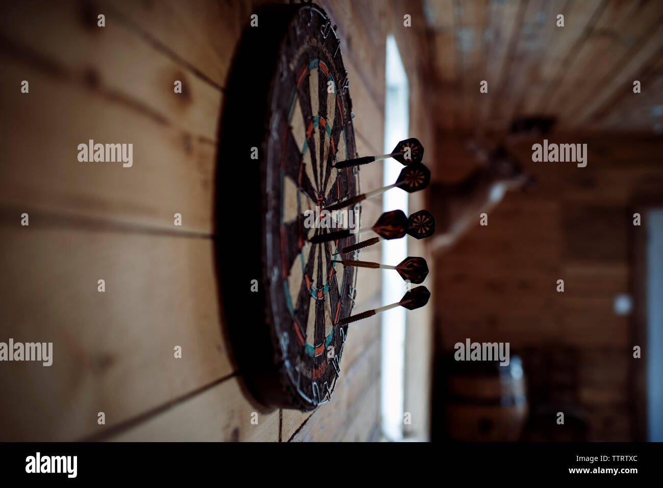 Dartboard hanging on wooden wall Stock Photo Alamy